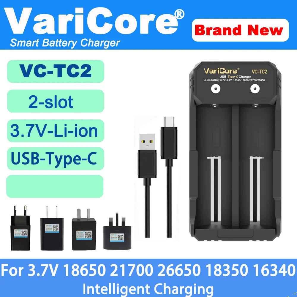 VCQ4 4-Slot Intelligent Battery Charger Portable for 3.7V Lithium 18650 26650 21700 18500 18350 1.2V NI-MH Ni-Cd AA AAA