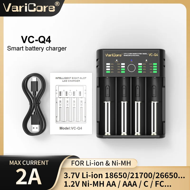 VCQ4 4-Slot Intelligent Battery Charger Portable for 3.7V Lithium 18650 26650 21700 18500 18350 1.2V NI-MH Ni-Cd AA AAA