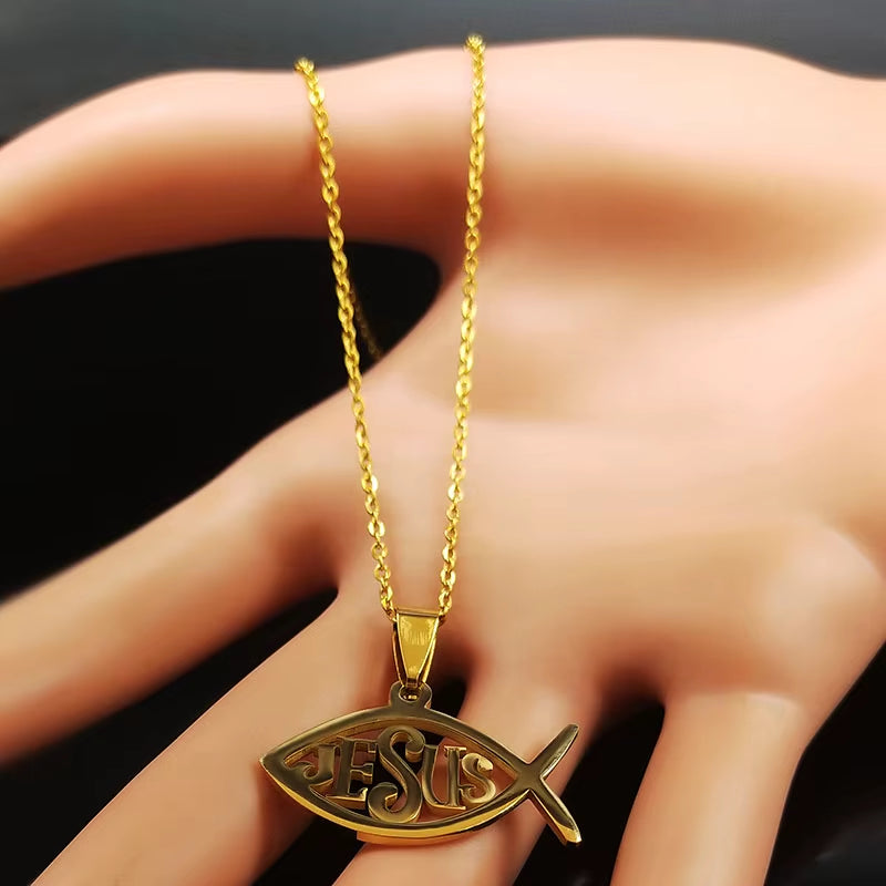 Fish Jesus Stainless Steel Necklace Christian Ichthys Necklaces Pendants Jewelry Joyas De Acero Inoxidable Para Mujer N1487