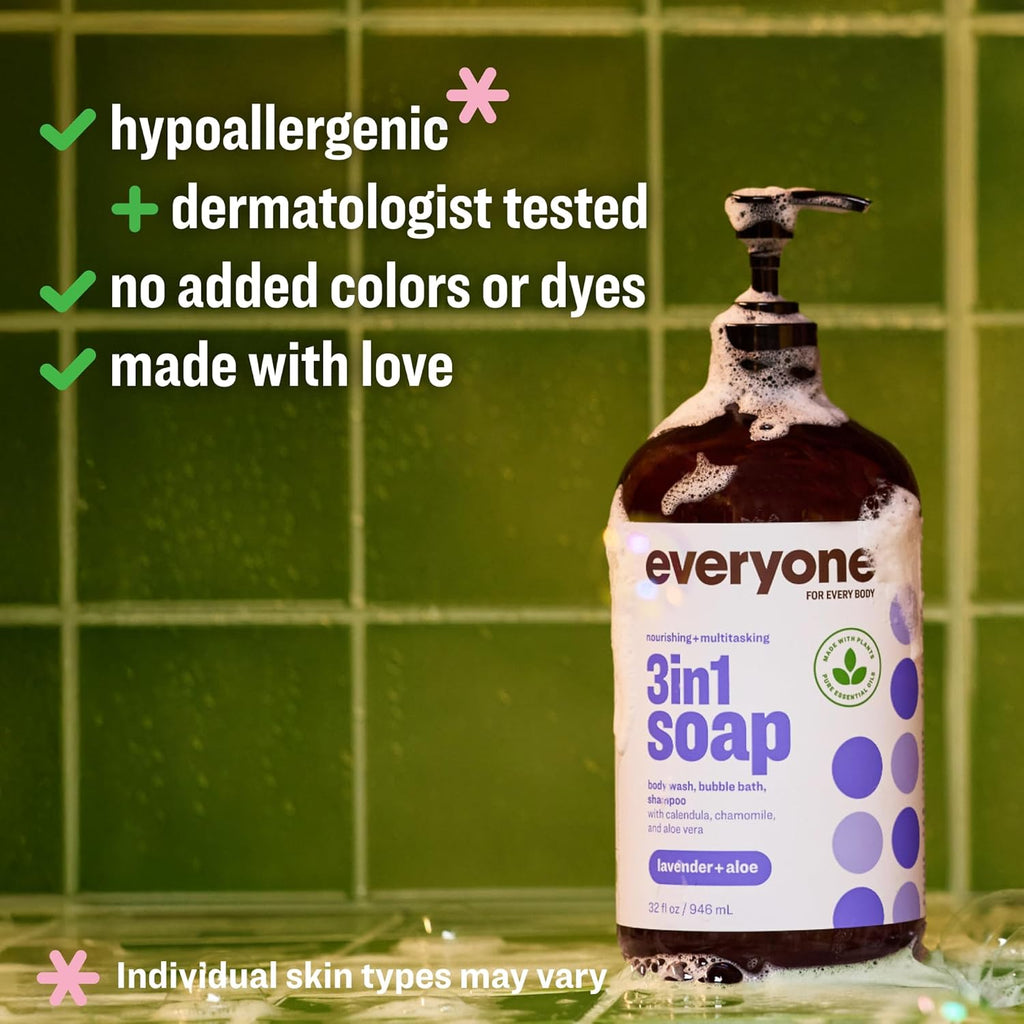3-In-1 Soap, Body Wash, Bubble Bath, Shampoo, 32 Ounce (Pack of 2), Lavender and Aloe, Made with Essential Oils for Men and Women