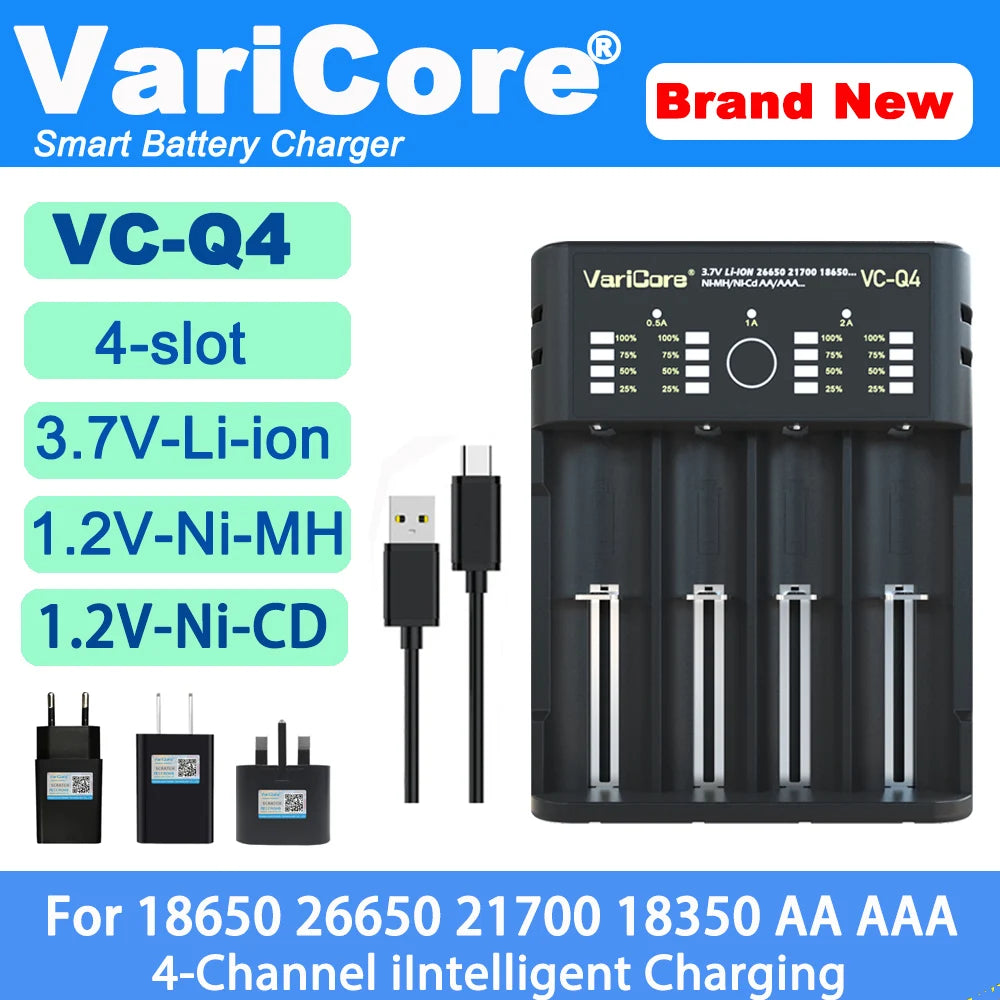 VCQ4 4-Slot Intelligent Battery Charger Portable for 3.7V Lithium 18650 26650 21700 18500 18350 1.2V NI-MH Ni-Cd AA AAA